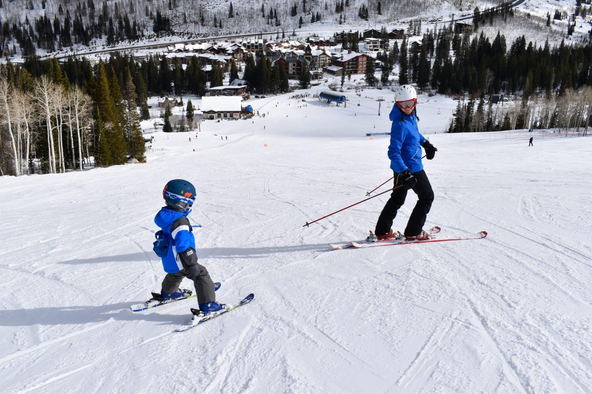 boy skiing with mom