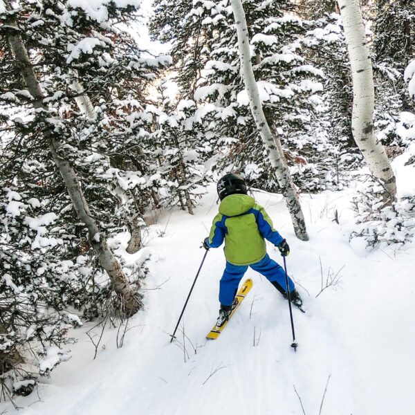 boy skiing through the trees