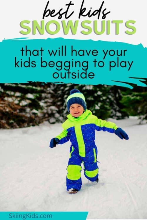 Pin titled Best Kids Snowsuits- that will have your kids begging to play outside. Child playing in snow.