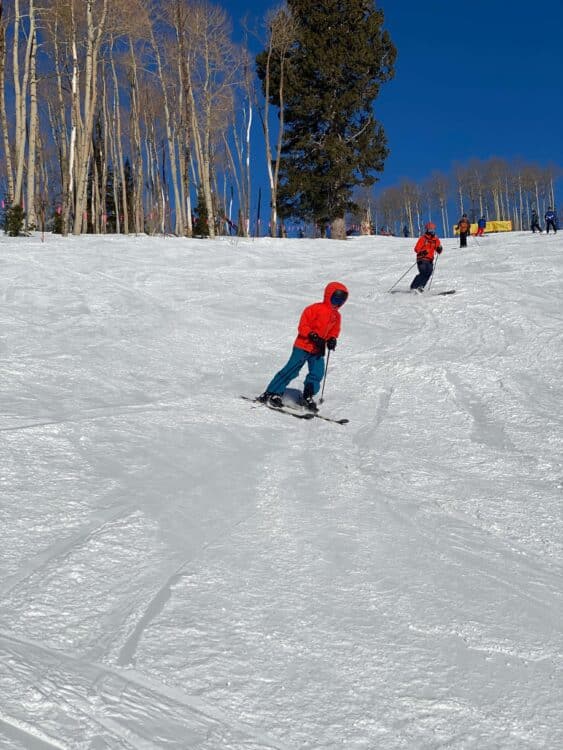 Family skiing clear day