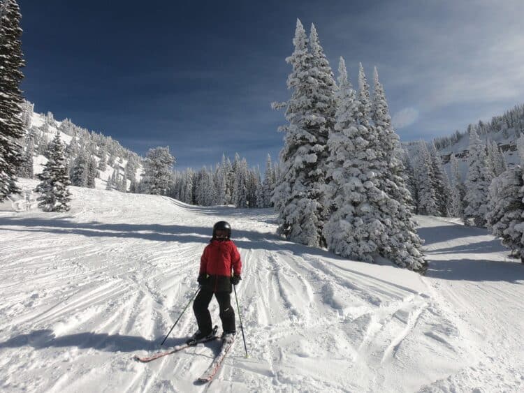 Boy skiing powder in the mountains