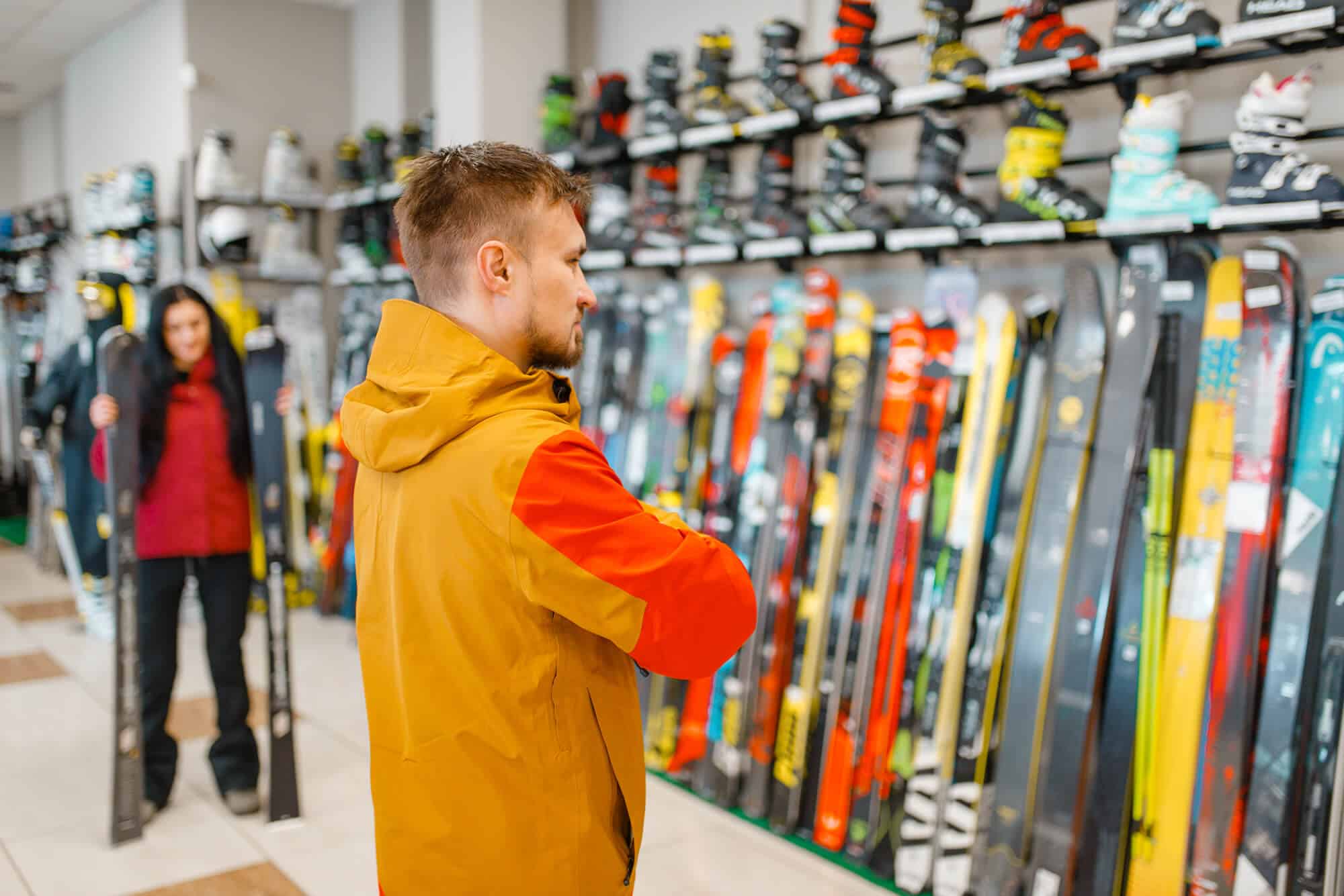 Shopping for skis at a store