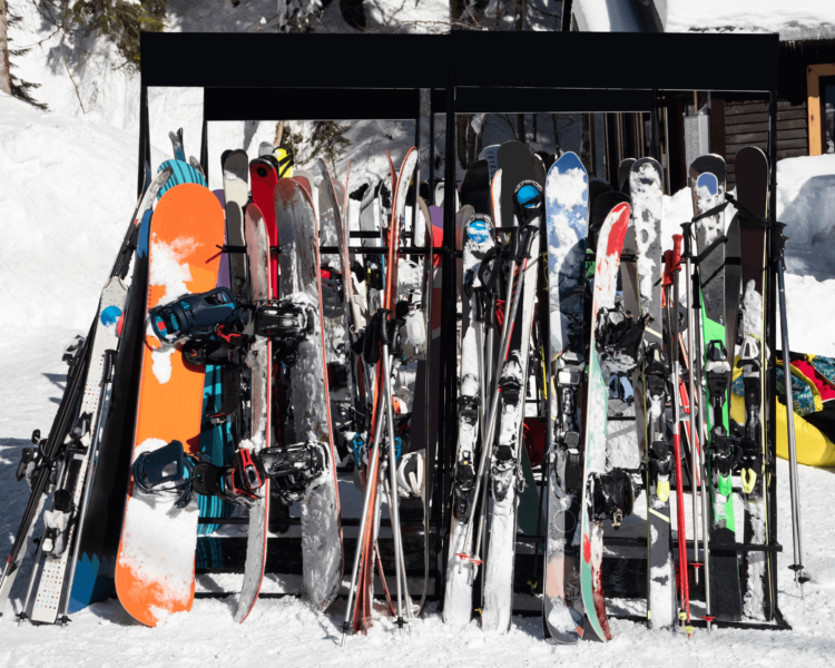 lots of ski gear at a ski resort