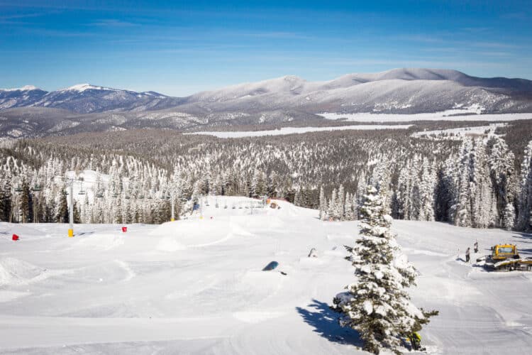 View at the ski slopes piste in the mountains of Angel Fire, New Mexico.