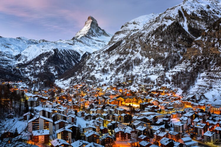 Aerial View on Zermatt Valley and Matterhorn Peak in the Morning