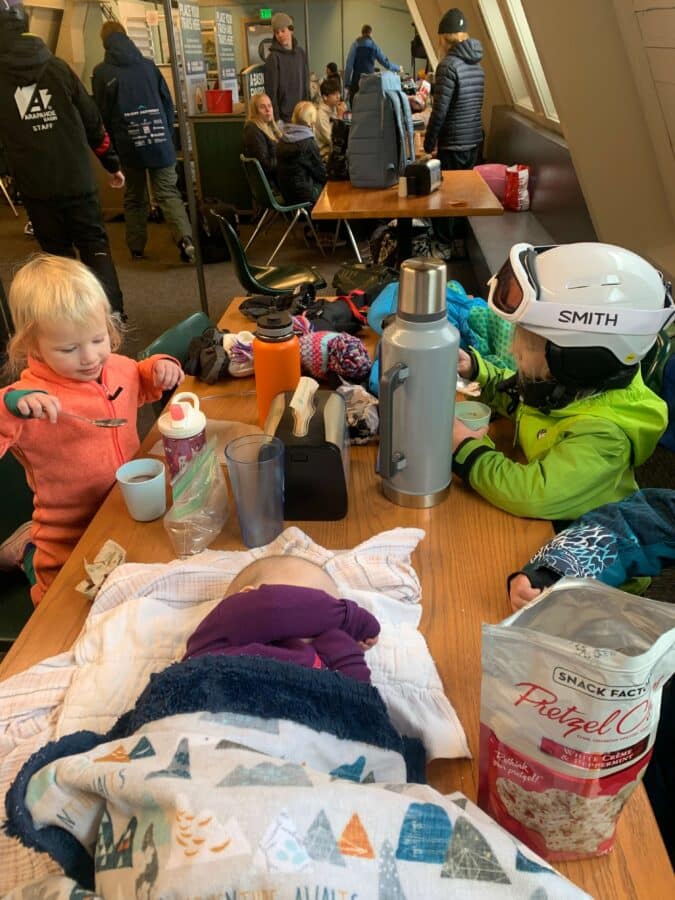 Family eating lunch in ski lodge